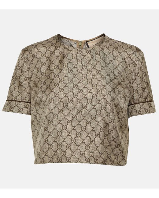 Gucci Brown GG Printed Silk Twill Crop Top