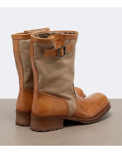 Prada Brown Leather And Canvas Biker Boots