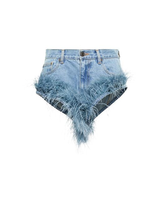 Area Blue Feather-trimmed High-rise Denim Shorts