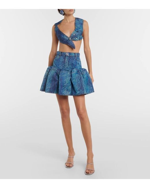 Mini-Jupe Imprimee En Jean A Ornements Area en coloris Blue