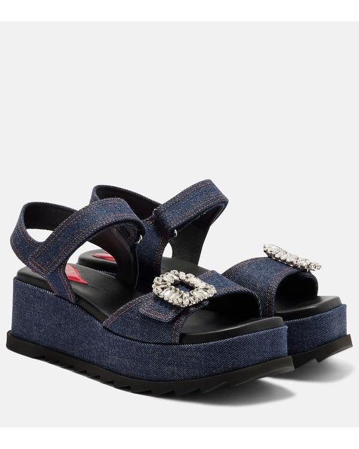Roger Vivier Blue Embellished Denim Wedge Sandals