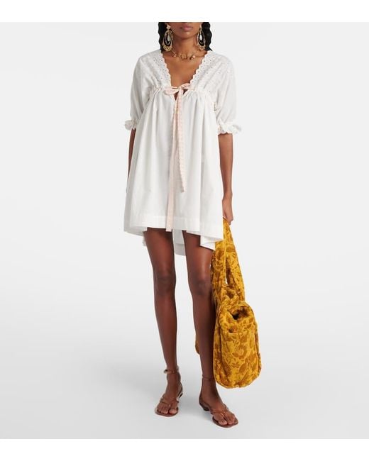 Vestido Corto En Mezcla De Algodon Con Bordado Ingles Chloé de color White