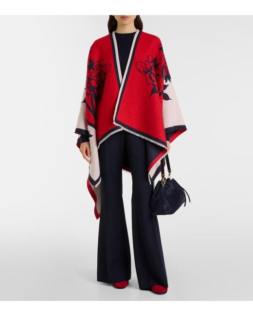 LaDoubleJ Red Soul Floral Wool And Silk Poncho