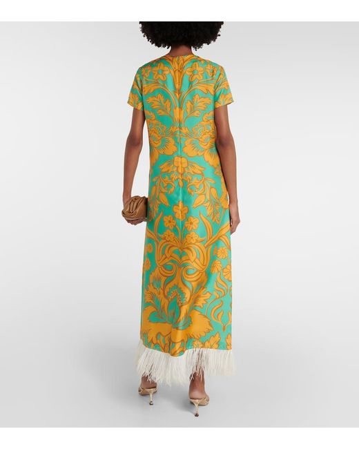 LaDoubleJ Yellow Swing Feather-trimmed Printed Silk Maxi Dress