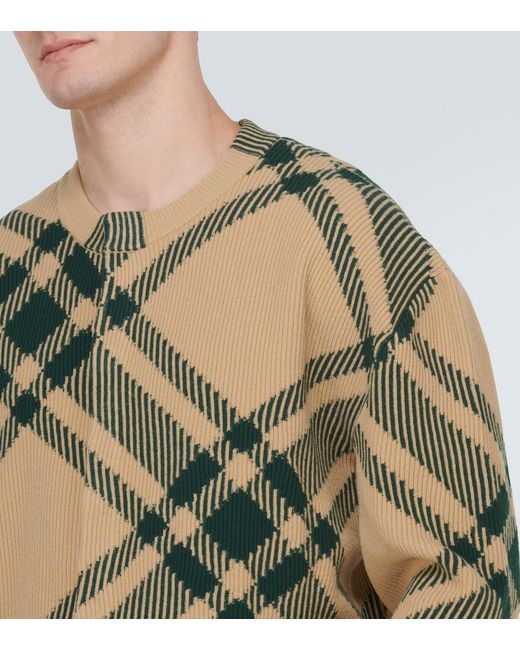 Burberry Green Checked Ribbed Wool-Blend Cardigan for men