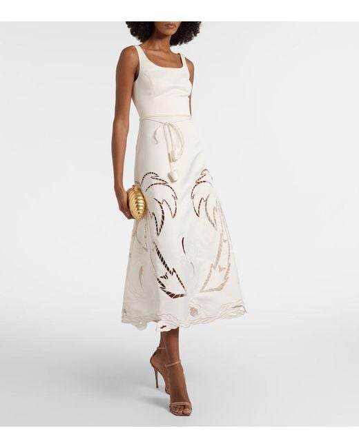 LEO LIN White Palm Laser-Cut Embroidered Midi Dress