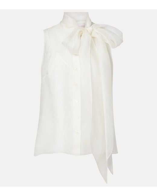 Carolina Herrera White Tie-Neck Silk Top