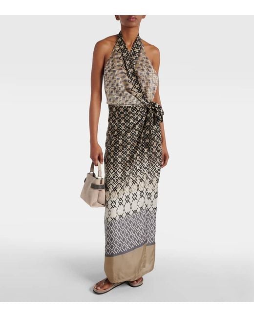 Brunello Cucinelli White Printed Halterneck Silk Maxi Dress
