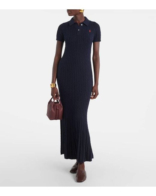 Polo Ralph Lauren Blue Ribbed-Knit Cotton-Blend Polo Dress