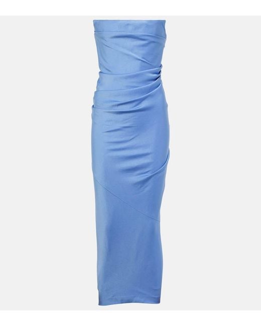 Alex Perry Blue Draped Strapless Crepe Midi Dress