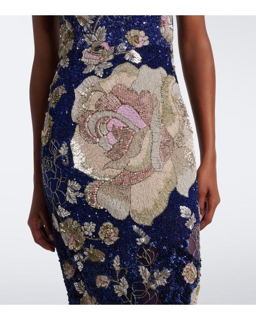 La Fuori Blue Sequined Floral Gown