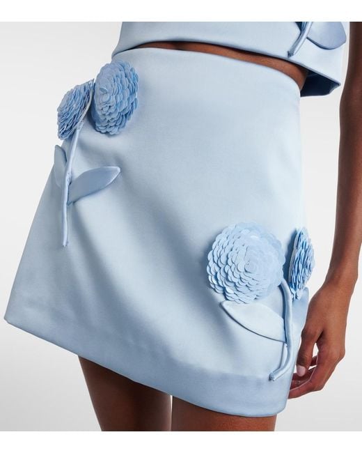 Self-Portrait Blue Floral-Applique Satin Miniskirt