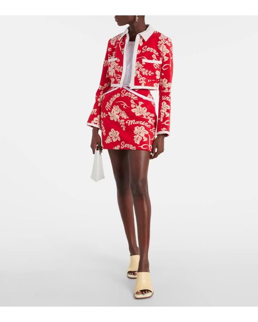 MARINE SERRE Red Leather-trimmed Cropped Jacquard Jacket