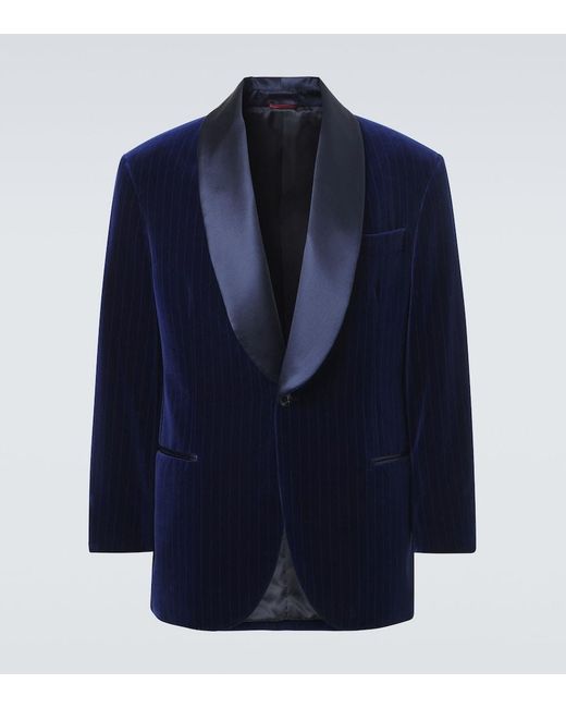 Brunello Cucinelli Blue Pinstripe Cotton Velvet Tuxedo Jacket for men