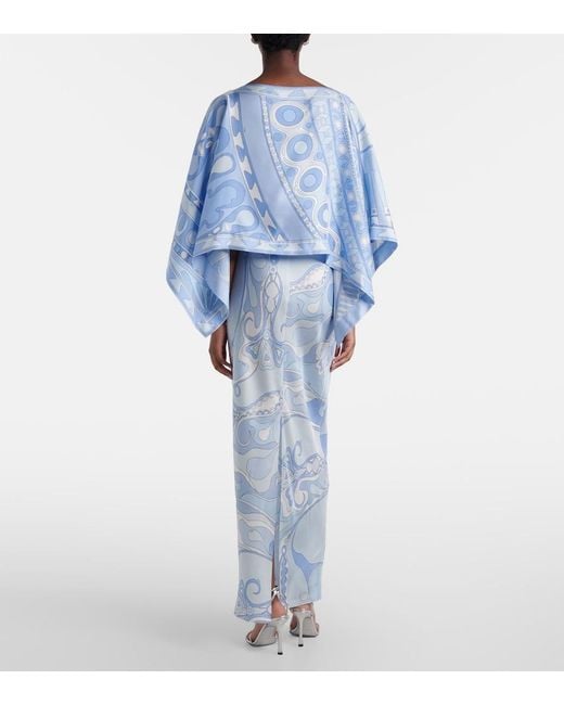 Emilio Pucci Blue Orchidee Soleil Silk Gown And Cape Set