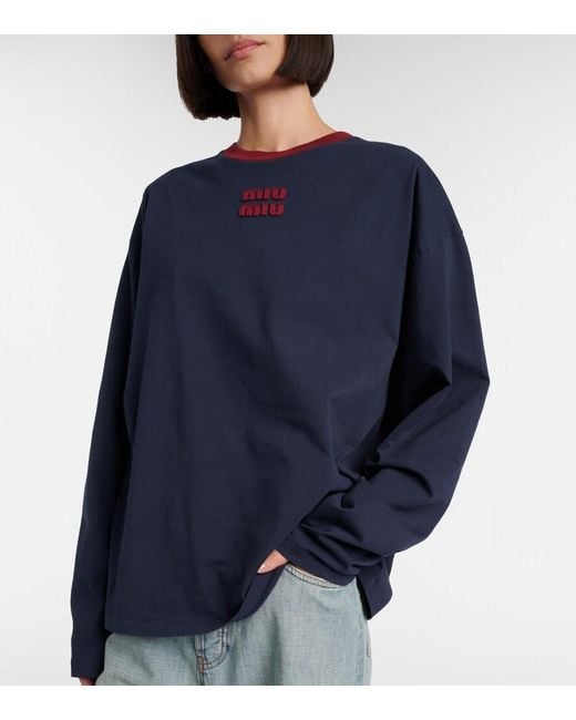 Miu Miu Blue Logo Cotton Jersey T-Shirt