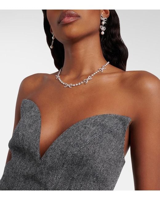 Self-Portrait Black Herringbone Wool-Blend Bustier Dress