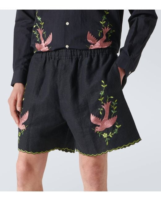 Bode Blue Rosefinch Embroidered Linen Bermuda Shorts for men