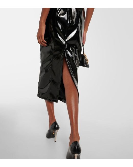 Blumarine Black Feather-Trimmed Faux Leather Midi Dress