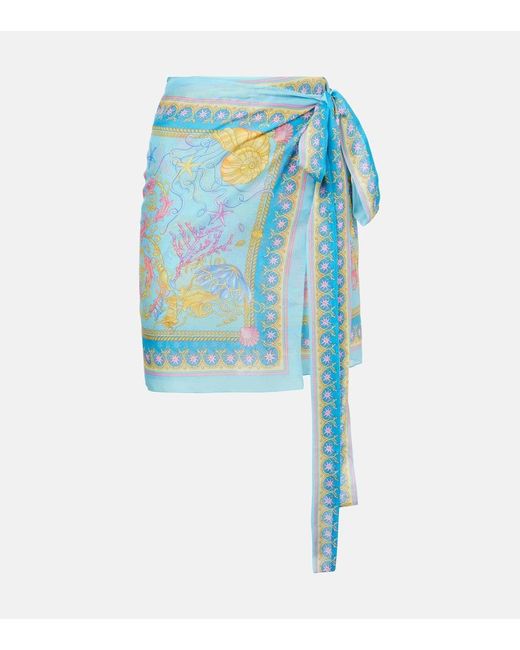 Versace Blue Printed Cotton And Silk Beach Cover-Up