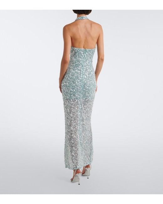 La Fuori Blue Halterneck Sequined Gown