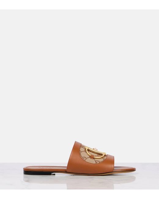 Gucci Brown Alfa Horsebit-Embellished Canvas-Jacquard And Leather Slides