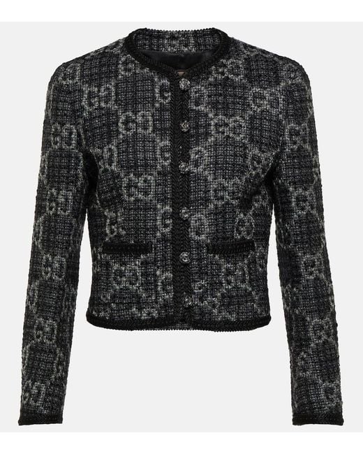 Gucci Black Monogram-pattern Bouclé-texture Wool And Cotton-blend Jacket