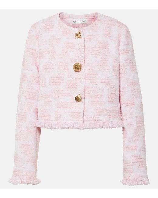 Oscar de la Renta Pink Fringed Cropped Tweed Jacket