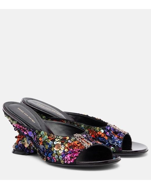 Dries Van Noten Blue 75 Sequined Leather Wedge Mules