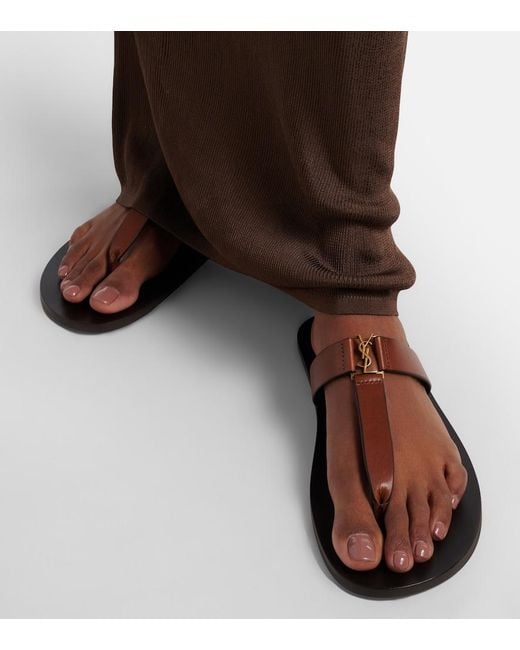 Saint Laurent Brown Cassandre Leather Thong Sandals