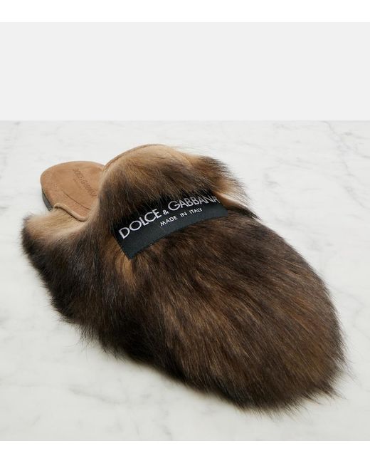 Dolce & Gabbana Brown Logo Suede-Trimmed Shearling Mules