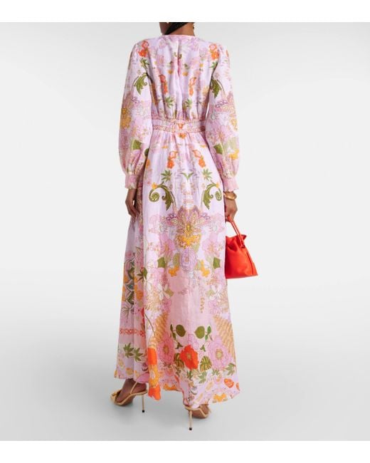Robe longue en lin a fleurs et ornements Camilla en coloris Pink