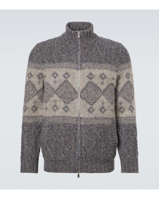 Brunello Cucinelli Gray Fair Isle Wool, Silk, And Cashmere Cardigan for men