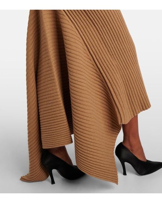 Victoria Beckham Brown Draped Ribbed-Knit Wool-Blend Midi Dress