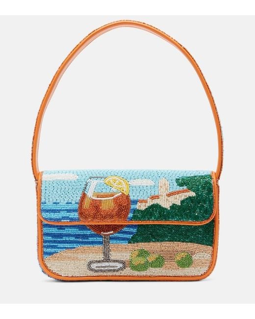 Staud Blue Tommy Small Beaded Shoulder Bag