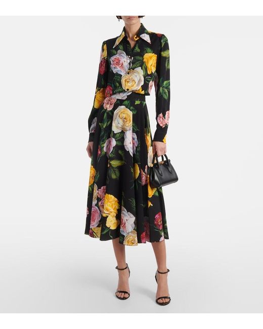 Dolce & Gabbana Black Peony And Rose- Charmeuse Calf-Length Circle Skirt