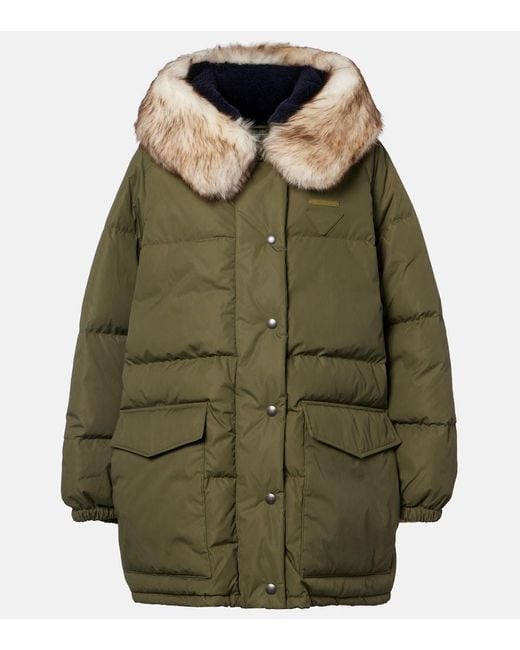 Prada Green Re-Nylon Shearling-Trimmed Down Coat