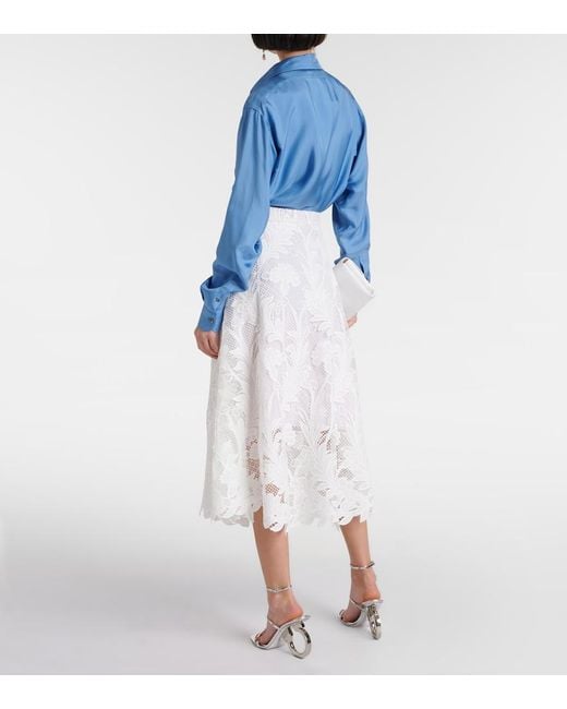Oscar de la Renta White Floral Guipure Lace Midi Skirt