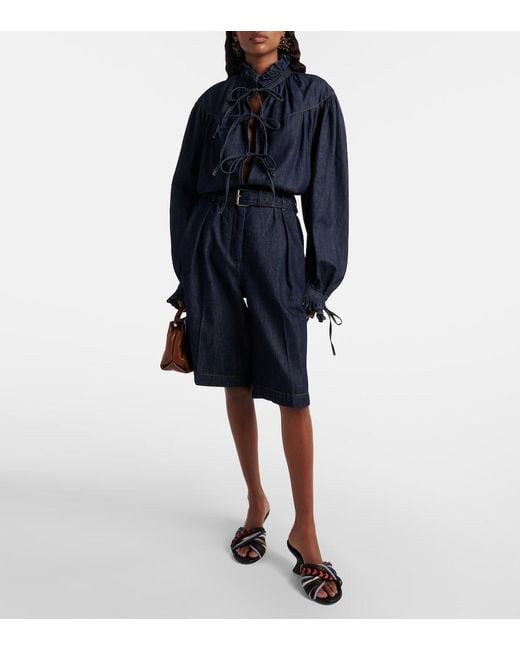 Dries Van Noten Blue Ruffled Cotton Blouse