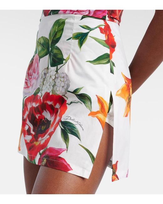 Dolce & Gabbana Red Floral-Print Cotton-Poplin Mini Dress