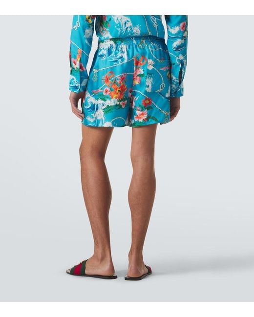 Gucci Blue Printed Silk Twill Shorts for men