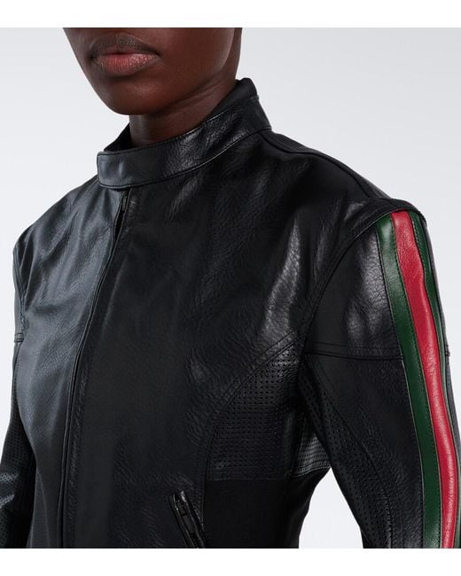 Gucci Black Web Stripe Leather Biker Jacket