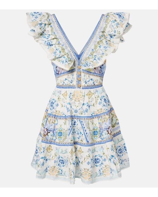 Camilla Blue Embellished Floral Linen Minidress