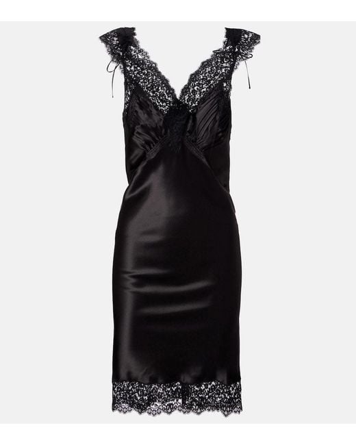 Saint Laurent Black Lace-Trimmed Silk Satin Slip Dress