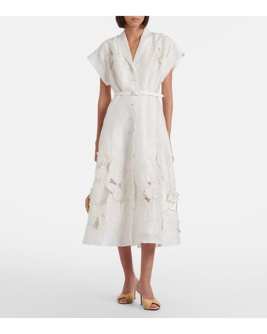 LEO LIN White Aubrey Floral-Applique Linen-Blend Shirt Dress
