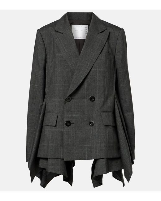 Sacai Black Prince Of Wales Checked Wool Blazer