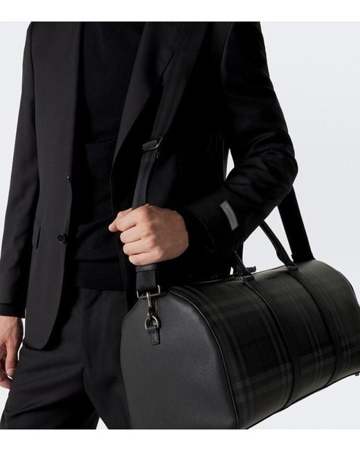 Burberry Black Check Leather-Trimmed Duffel Bag for men
