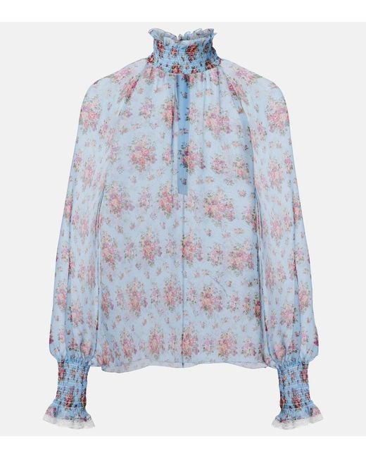 Dolce & Gabbana Blue Floral Ruffled Silk And Cotton Blouse