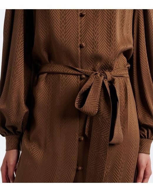 Valentino Brown Belted Chevron Jacquard Silk Midi Dress