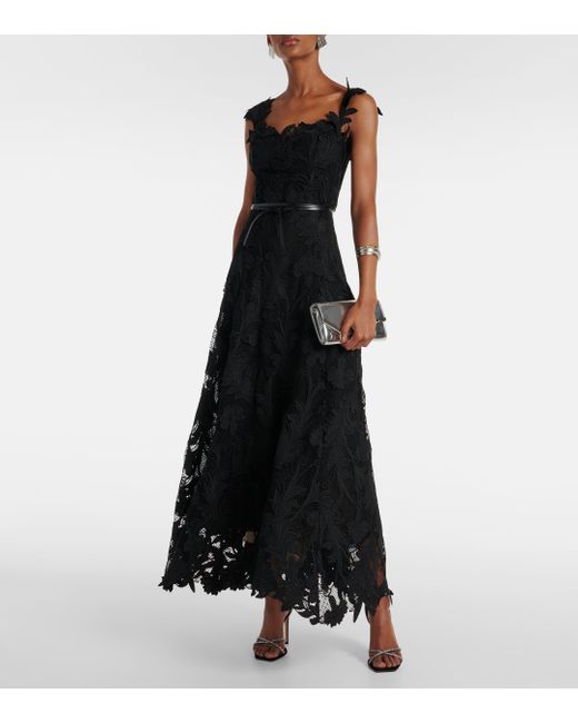 Oscar de la Renta Black Marbled Carnation Guipure Lace Bustier Gown